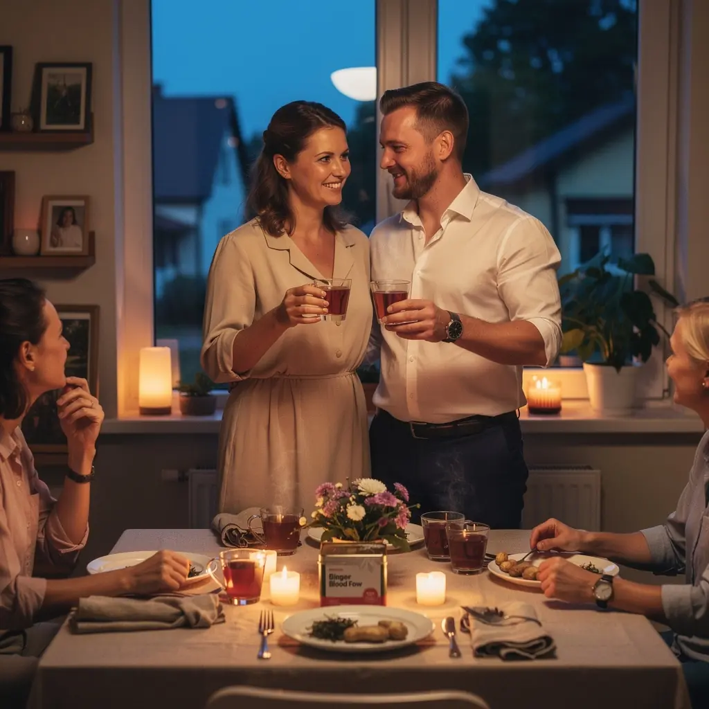 Ramybės momentas su imbiero arbata, supilkta į elegantišką keraminį puodelį, aplinkoje su natūraliais ingredientais.